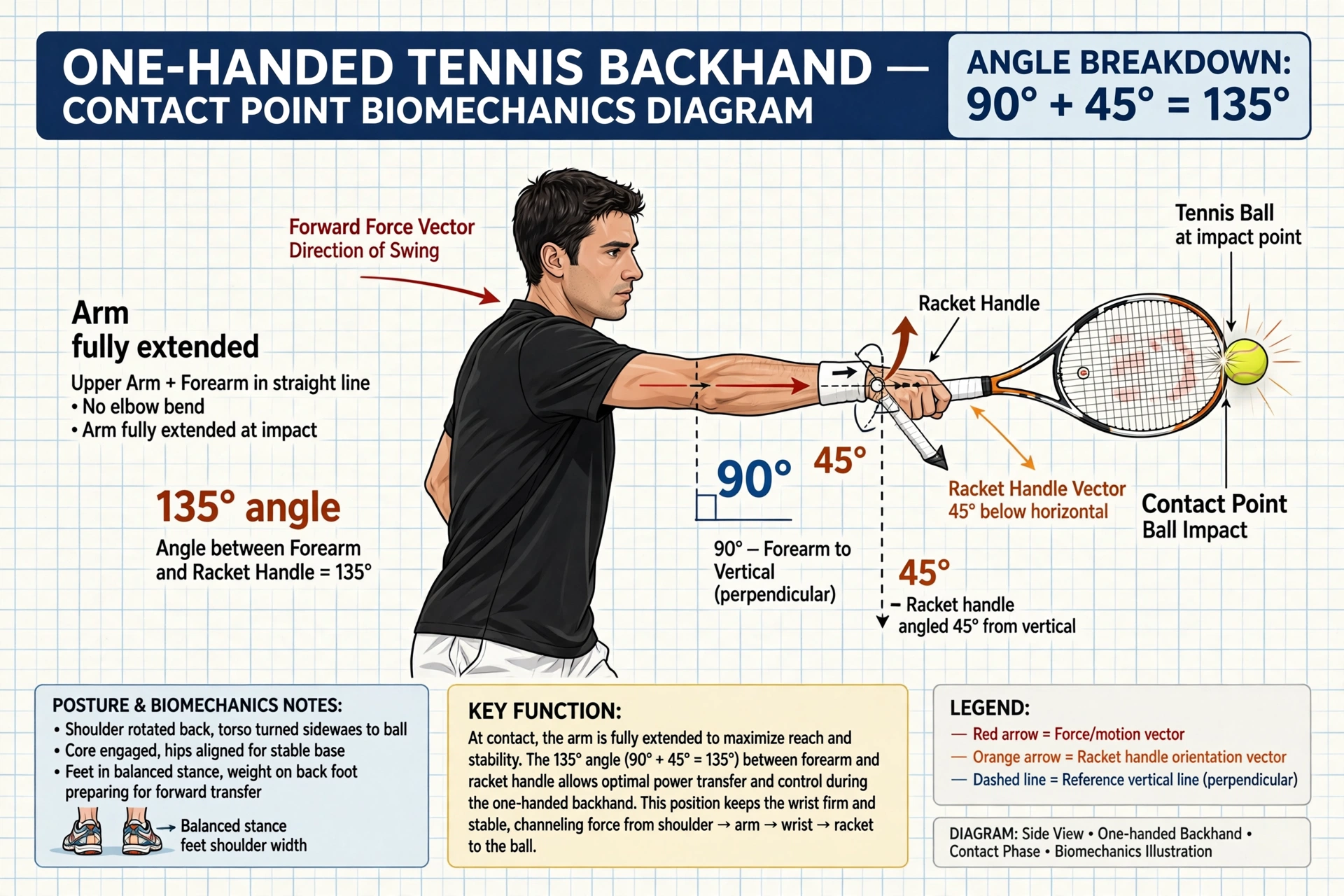 One-Handed Backhand 135 Degree Biomechanics Master Diagram