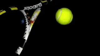 A tennis racket hitting a ball Description automatically generated with medium confidence