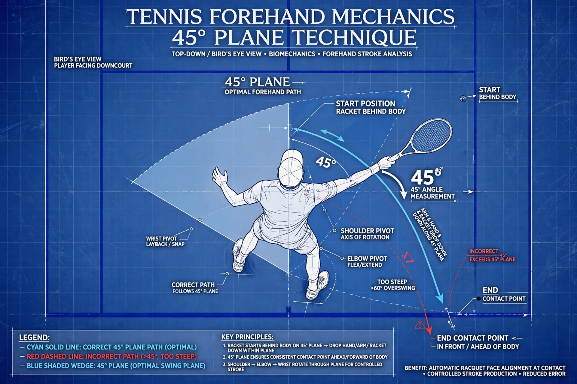 Top-down blueprint of the 45 degree forehand swing plane